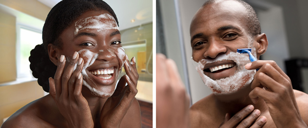 Black Woman Washing Face, Black Man Shaving